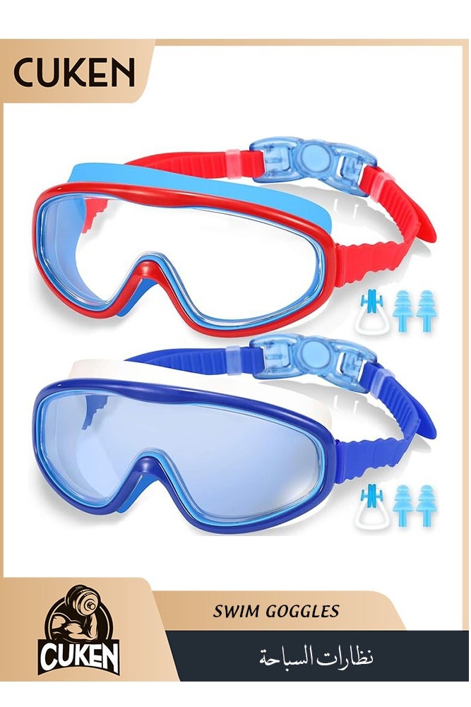 Cuken 2-Pack Kids Swim Goggles, Swimming Goggles for Children and Early Teens from 3 to 15 Years Old, Swim Goggles with Wide Vision, Anti-Fog, Waterproof, UV Protection (Red/Blue) - Image 1
