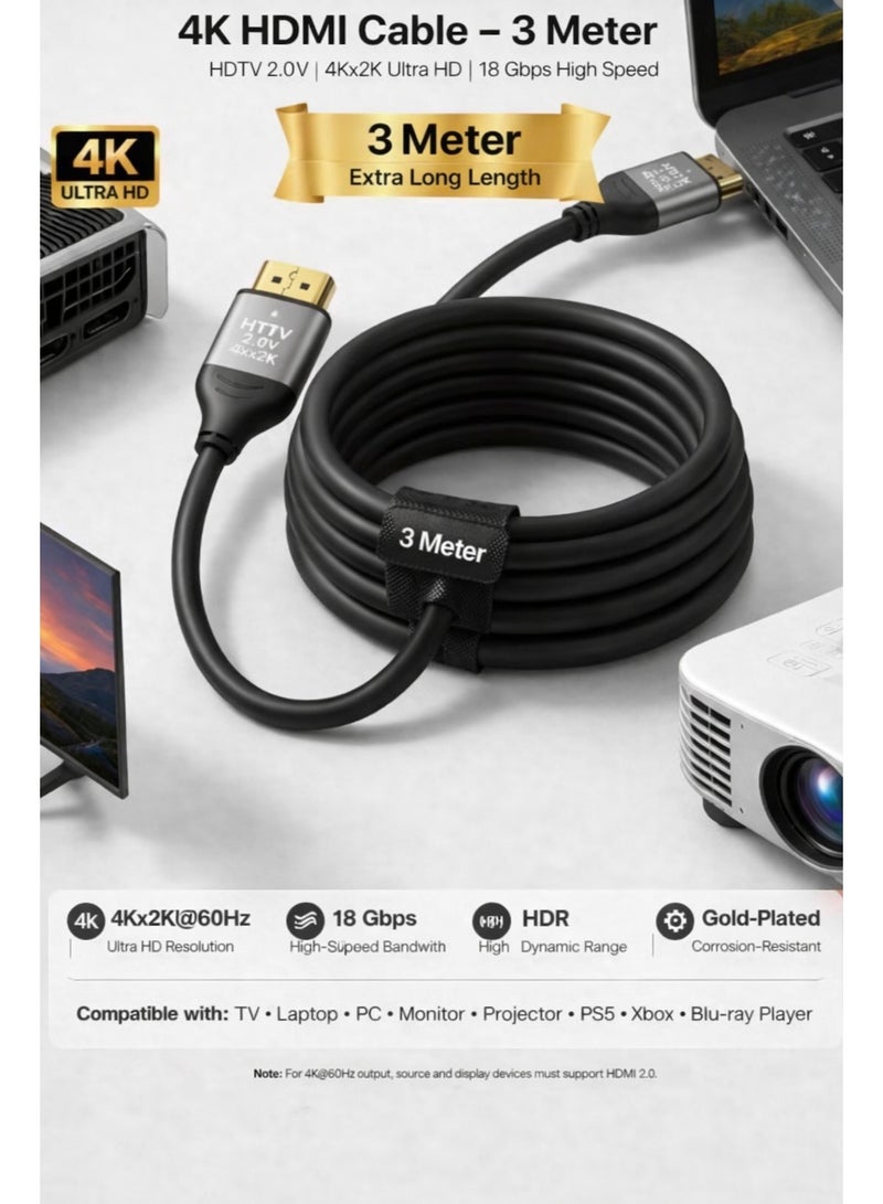 Bright 4K High Quality 2.0 HDMI 3M High Speed HDMI Cable Supports 3D, FULL HD, up to 4K - Image 2