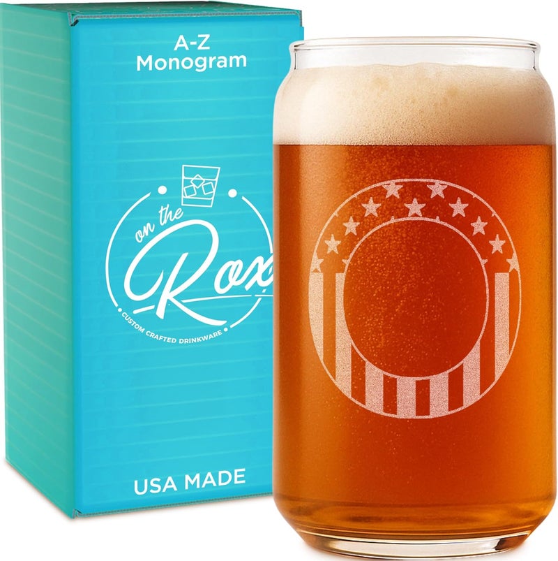 On The Rox Monogram Beer Glasses for Men (A-Z) 16 oz - Beer Gifts for Men Brother Son Dad Neighbor - Unique Gifts for Him - Personalized Drinking Gift Beer Glass Mugs - Engraved Beer Can Glass (O) - Image 1
