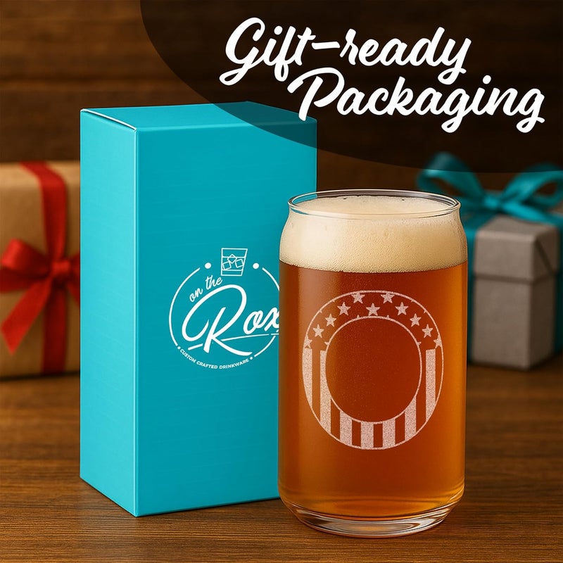 On The Rox Monogram Beer Glasses for Men (A-Z) 16 oz - Beer Gifts for Men Brother Son Dad Neighbor - Unique Gifts for Him - Personalized Drinking Gift Beer Glass Mugs - Engraved Beer Can Glass (O) - Image 4