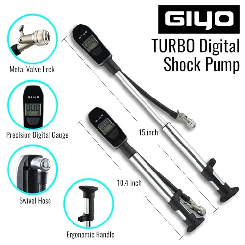 GIYO Digital Shock Pump 600 PSI TurboAssist for Easy Inflation Micro AirBleeder Robust Aluminum Barrel Comfort Grip Braided Hose Ideal for Fork Rear Suspension GS52L - Image 3