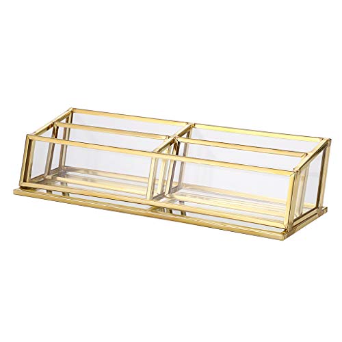Hipiwe 4 Slots Glass Business Card Holder Stand - Vintage Gold Metal Name Card Display Stand Office Desktop Countertop Business Card Organizer - Image 1