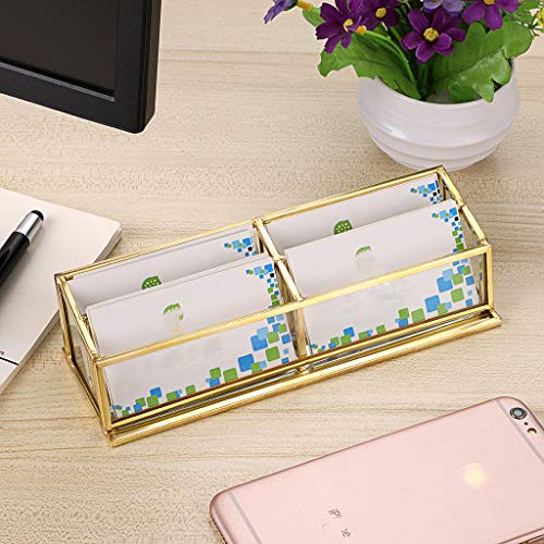 Hipiwe 4 Slots Glass Business Card Holder Stand - Vintage Gold Metal Name Card Display Stand Office Desktop Countertop Business Card Organizer - Image 2