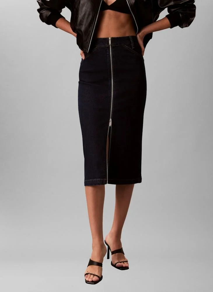 Front Zip Denim Midi Skirt