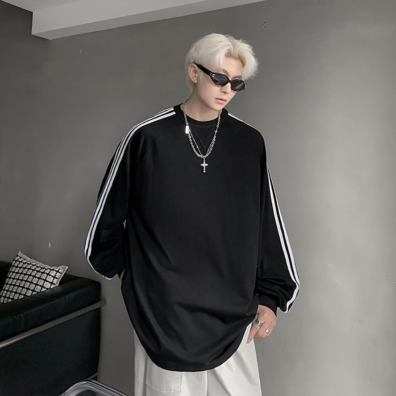 American Style High-end Three-bar Crewneck Pullover Sweater Mens Spring Vibe Fashion Brand Loose Casual All-match Clothes Black