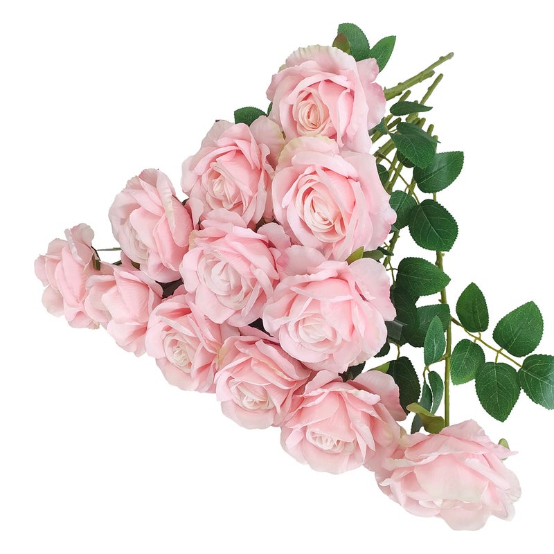 12 Pcs Light Pink Roses Artificial Flowers Faux Baby Pink Flowers BulkFloral Diameter 4Artificial Fake Silk Plastic Roses Flowers With Stems for WeddingFlores Artificiales Para Decoracion