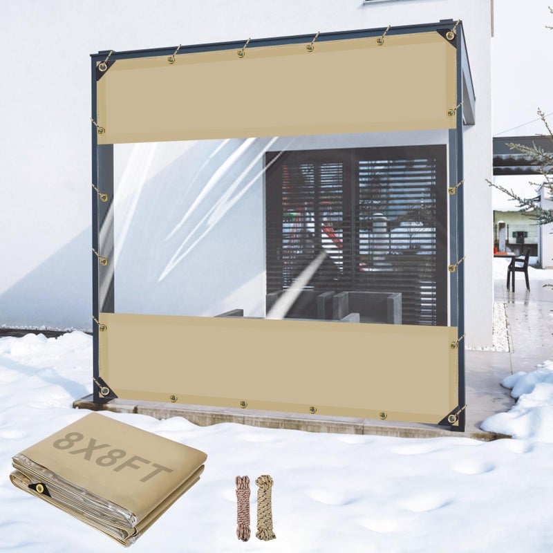 ستائر فينيل خارجية للشرفات مقاومة للماء 24 أونصة ثقيلة للغرف الخارجية مع حلقات نحاسية وألواح شاشة بلاستيكية شفافة مانعة للرياح لفصل الشتاء في الخارج 8x8 قدم للشرفات والشرفات والبرغولا والقباب