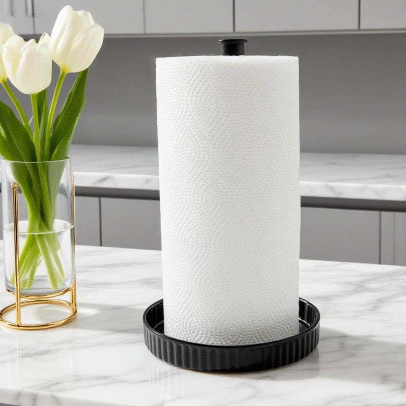 VROOMIUM Paper Towel Holder Countertop, Ceramic Base Easy-to-Clean, 1.5 lbs, 7" B x 12.5" H, Stable Elegant and Durable Kitchen Roll Stand, Classic Black - Image 1