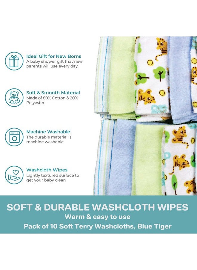 Spasilk 10 Pack Soft Terry Bath Washcloths – Newborn Boy or Girl, Blue Tiger  - Image 4