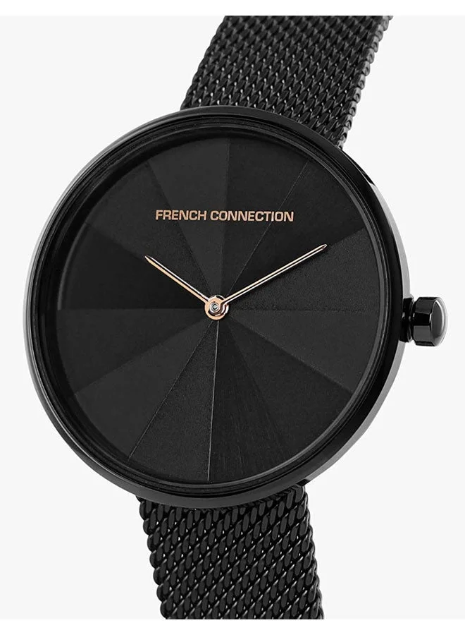 فرنش كونكشن ساعة يد نسائية بعقارب، مينا أسود وسوار ستانلس ستيل