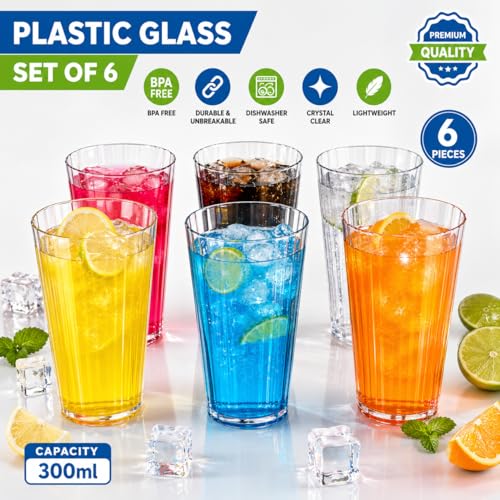 AKX Plastic Glass Set of 6 (300 ML) Unbreakable Water Glass | BPA Free Reusable Plastic Cups | Made in India Drinking Glass for Home Kitchen Office Restaurant - Image 3