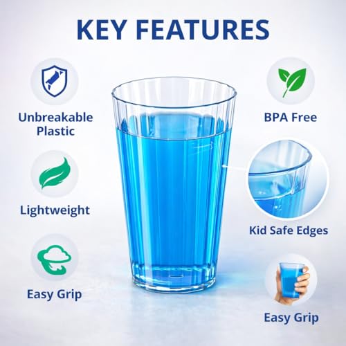 AKX Plastic Glass Set of 6 (300 ML) Unbreakable Water Glass | BPA Free Reusable Plastic Cups | Made in India Drinking Glass for Home Kitchen Office Restaurant - Image 4