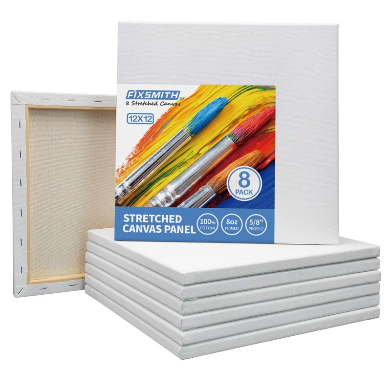 FIXSMITH Stretched White Blank Canvas 12x12 InchBulk Pack of 8Primed100 Cotton58 Inch Profile of Super Value Pack for AcrylicsOils  Other Painting Media