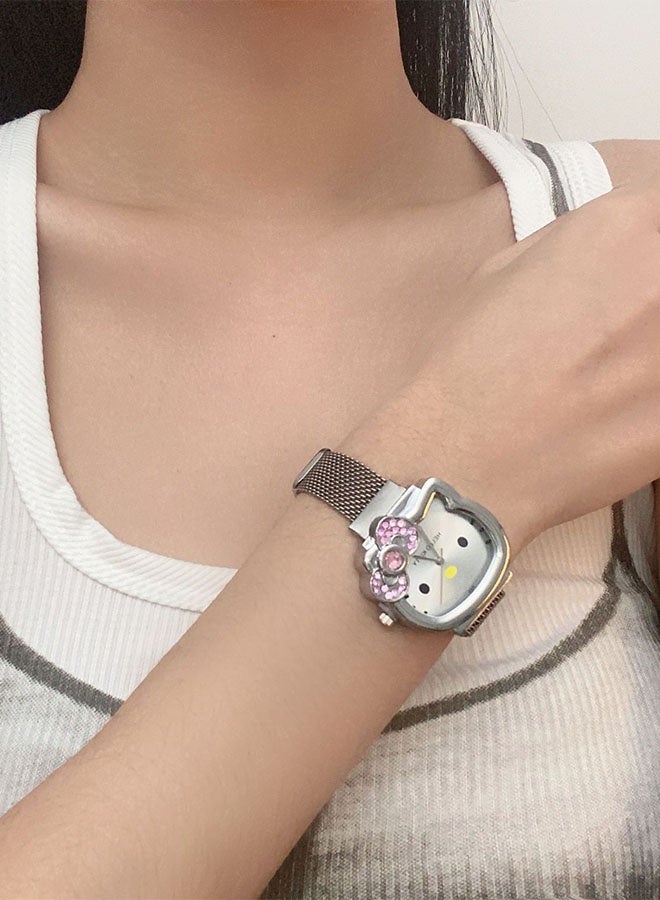 Hello Kitty 2PCS Rose Gold and Silver Elegant Bow Magnetic Clasp Watches – Hello Kitty Themed Minimalist Watches, Suitable for Campus Girls (Comes with 1 Box) - Image 5