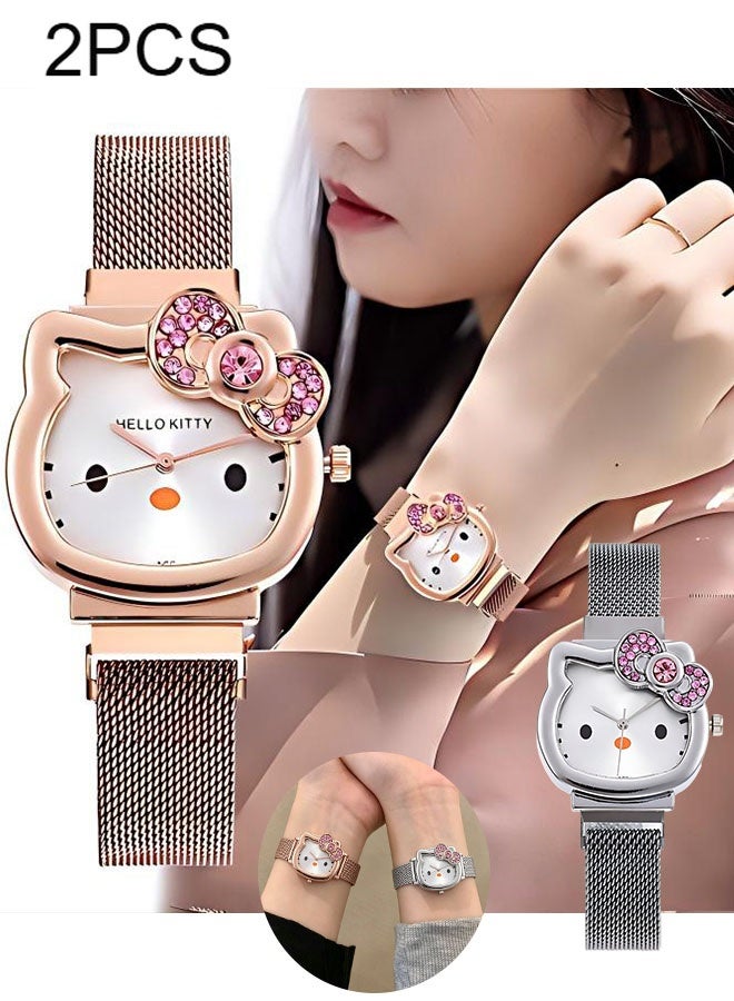Hello Kitty 2PCS Rose Gold and Silver Elegant Bow Magnetic Clasp Watches – Hello Kitty Themed Minimalist Watches, Suitable for Campus Girls (Comes with 1 Box) - Image 1