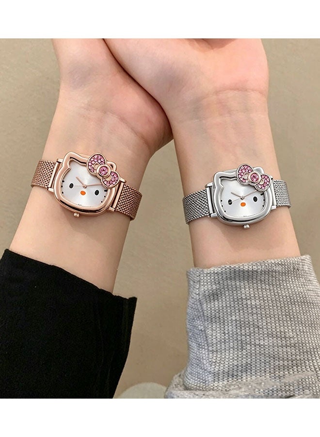 Hello Kitty 2PCS Rose Gold and Silver Elegant Bow Magnetic Clasp Watches – Hello Kitty Themed Minimalist Watches, Suitable for Campus Girls (Comes with 1 Box) - Image 2