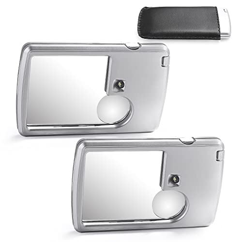Amoper 2 Pieces 3X 6X Pocket Magnifying Glass with Light, Card Type Magnifying Portable Glasses Lighted Magnifier for Reading Jewelry Menu Travel Contracts Home (Sliver) - Image 1