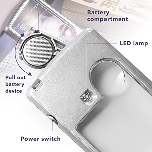 Amoper 2 Pieces 3X 6X Pocket Magnifying Glass with Light, Card Type Magnifying Portable Glasses Lighted Magnifier for Reading Jewelry Menu Travel Contracts Home (Sliver) - Image 5