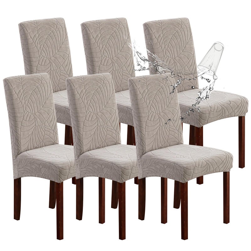 Genina Waterproof Chair Covers for Dining Room 6 Pack Stretch Jacquard Dining Chair Cover Removable Washable Chair Protectors Cover for Kitchen Home LeavesWarm Gray 6 PCS