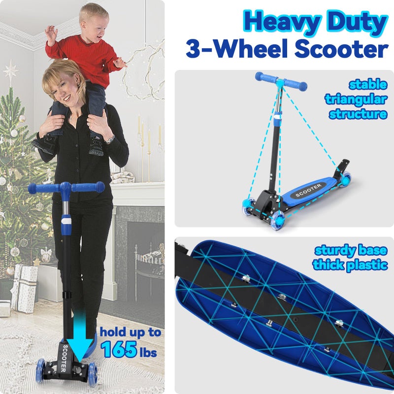 Feblomst Scooter for Kids 3-12, Kid Scooters with Extra-Wide Deck, 165 lb Capacity, 3 Wheel Lean to Steer Kick Scooter with Adjustable Height Handlebar, Light Up Wheels for Stable Smooth Riding, Boy Child Gift - Image 2