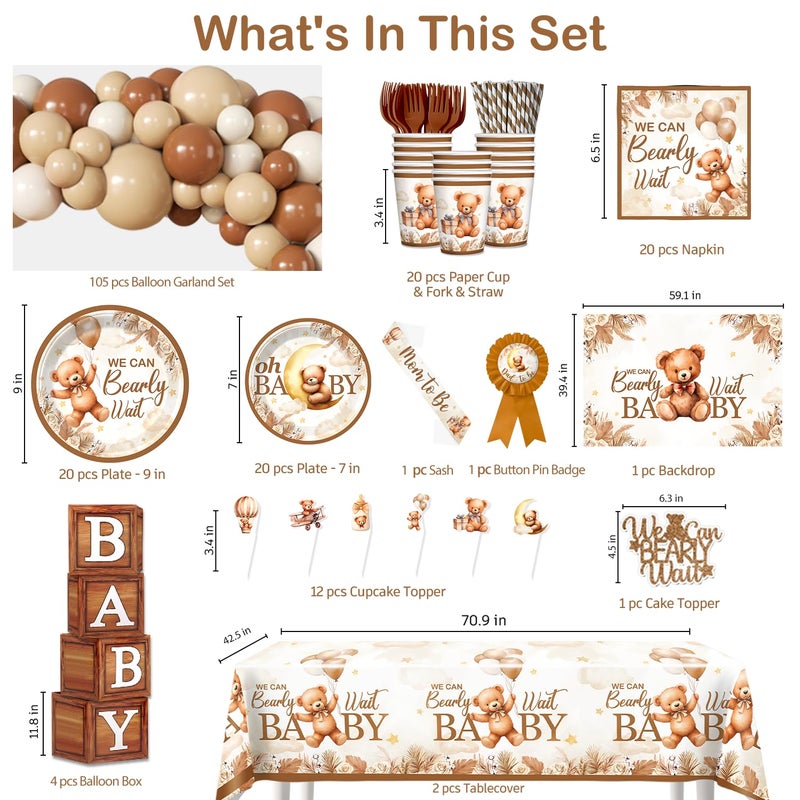 cocomigo 249 Pcs Bearly Wait Baby Shower Decorations, Brown Netural Balloon Arch Kit We Can Barely Wait Banner Plates and Napkin Set with Tablecloth Bear Baby Shower Decorations Brown - Image 2