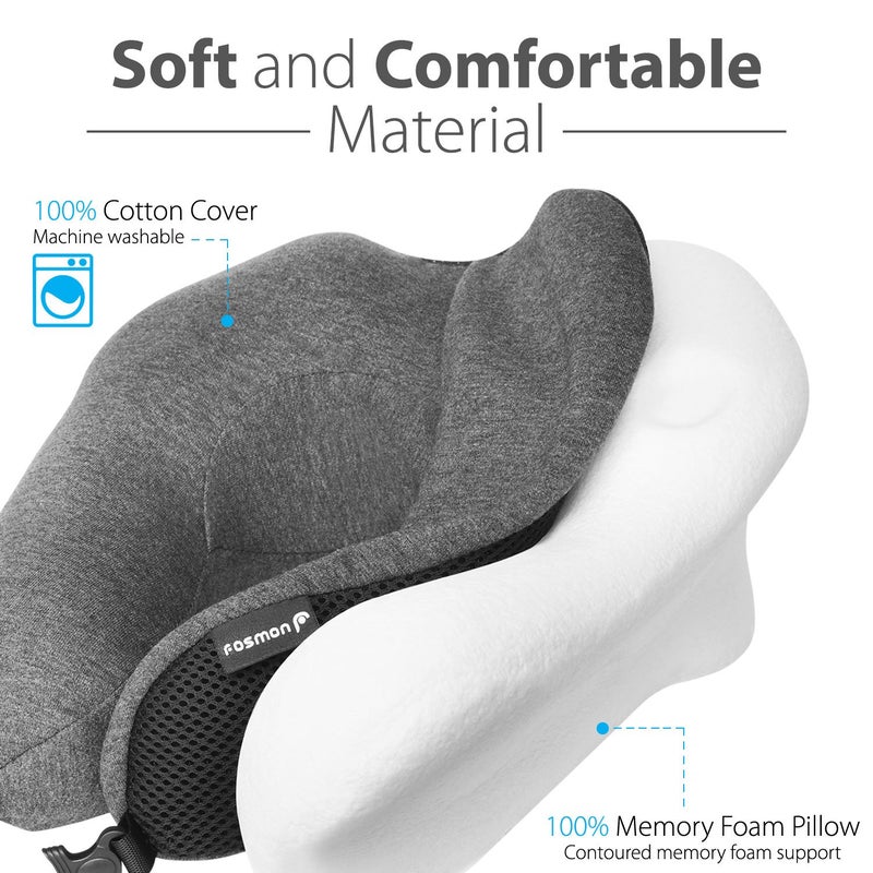 Fosmon Travel Neck Pillow with Earplugs & Storage Bag, Soft and Comfortable Memory Foam Cushion, Head & Chin Contour Support, Machine Washable 100% Cotton Cover for Traveling Flying Airplane Car Bus - Image 4