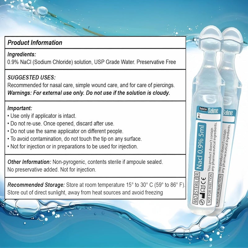 Shusher Care 20ct Saline Solution Ampoule (5ml) 0.9% NaCl | Moisturize Sinuses | Refill Nebulizer | Safe for Newborns to Adults | Normal (Isotonic) Saline | Drug Free | Preservative Free | (0.16 fl oz) - Image 4