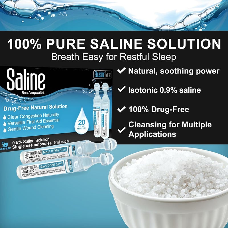 Shusher Care 20ct Saline Solution Ampoule (5ml) 0.9% NaCl | Moisturize Sinuses | Refill Nebulizer | Safe for Newborns to Adults | Normal (Isotonic) Saline | Drug Free | Preservative Free | (0.16 fl oz) - Image 2