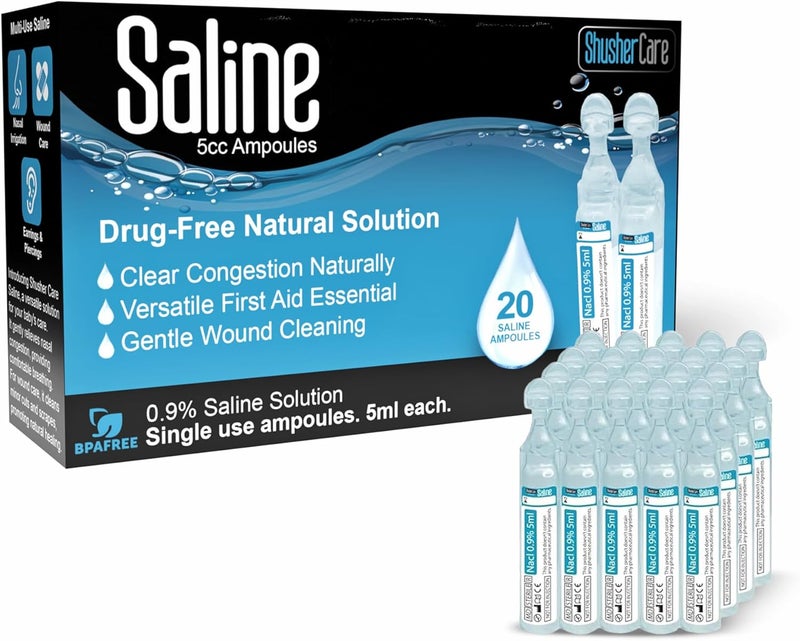 Shusher Care 20ct Saline Solution Ampoule (5ml) 0.9% NaCl | Moisturize Sinuses | Refill Nebulizer | Safe for Newborns to Adults | Normal (Isotonic) Saline | Drug Free | Preservative Free | (0.16 fl oz) - Image 1