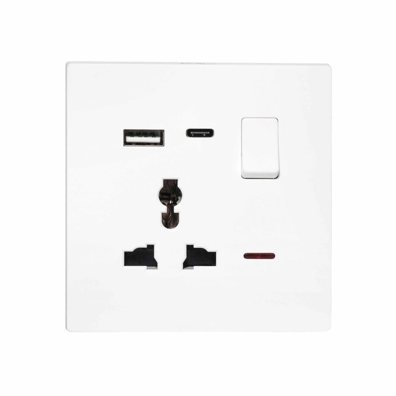 Donmarco مأخذ MF فردي فائق النحافة 13A مع منافذ USB + Type-C (5V 3.1A) – مأخذ كهربائي مقاوم للحريق، ضمان 3 سنوات، تصميم بلاستيكي أنيق (أبيض مطفي) | مأخذ طاقة حائط - Image 1