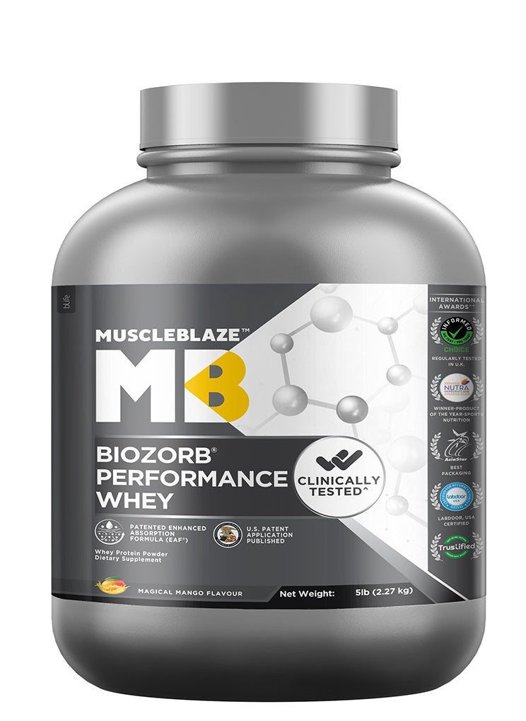 مسل بلايز - بروتين مصل اللبن MuscleBlaze Biozorb Performance (المانجو السحري، 5 رطل / 2.27 كجم) - Image 1