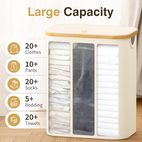 Bathola Hampers for Laundry Basket with Lid, 160L Extra Large Laundry Hamper 3 Section Dirty Clothes Hampers for Laundry Divided Laundry Basket Organizer for Bedroom,Laundry Room, Dirty Clothing Hamper, Beige - Image 5