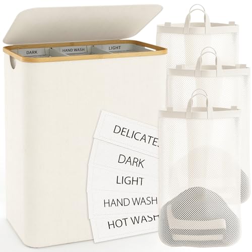 Bathola Hampers for Laundry Basket with Lid, 160L Extra Large Laundry Hamper 3 Section Dirty Clothes Hampers for Laundry Divided Laundry Basket Organizer for Bedroom,Laundry Room, Dirty Clothing Hamper, Beige - Image 1
