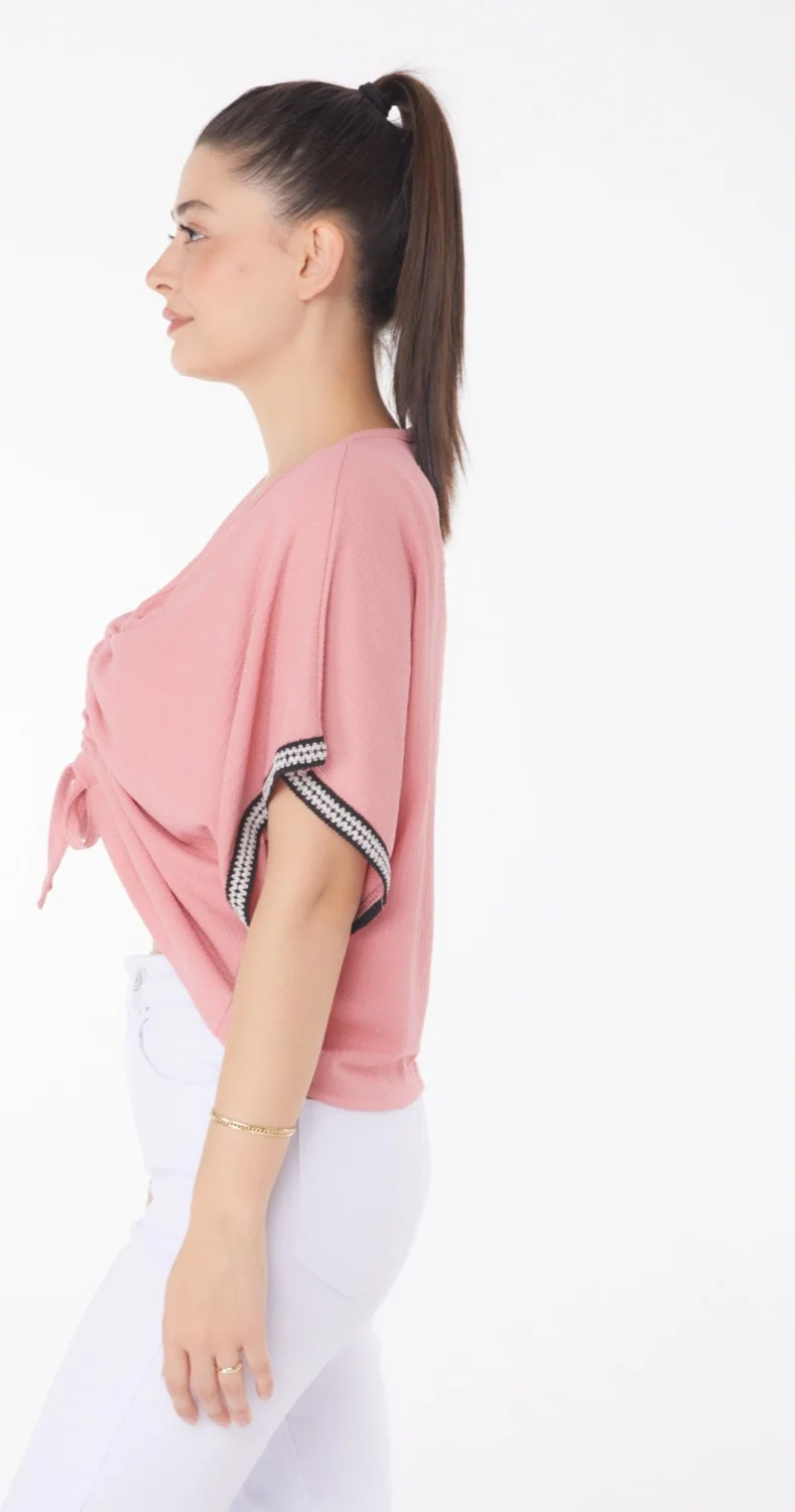 Tofisa Plain Medium Women's Pink V Neck Gathered Detail Blouse - 25837