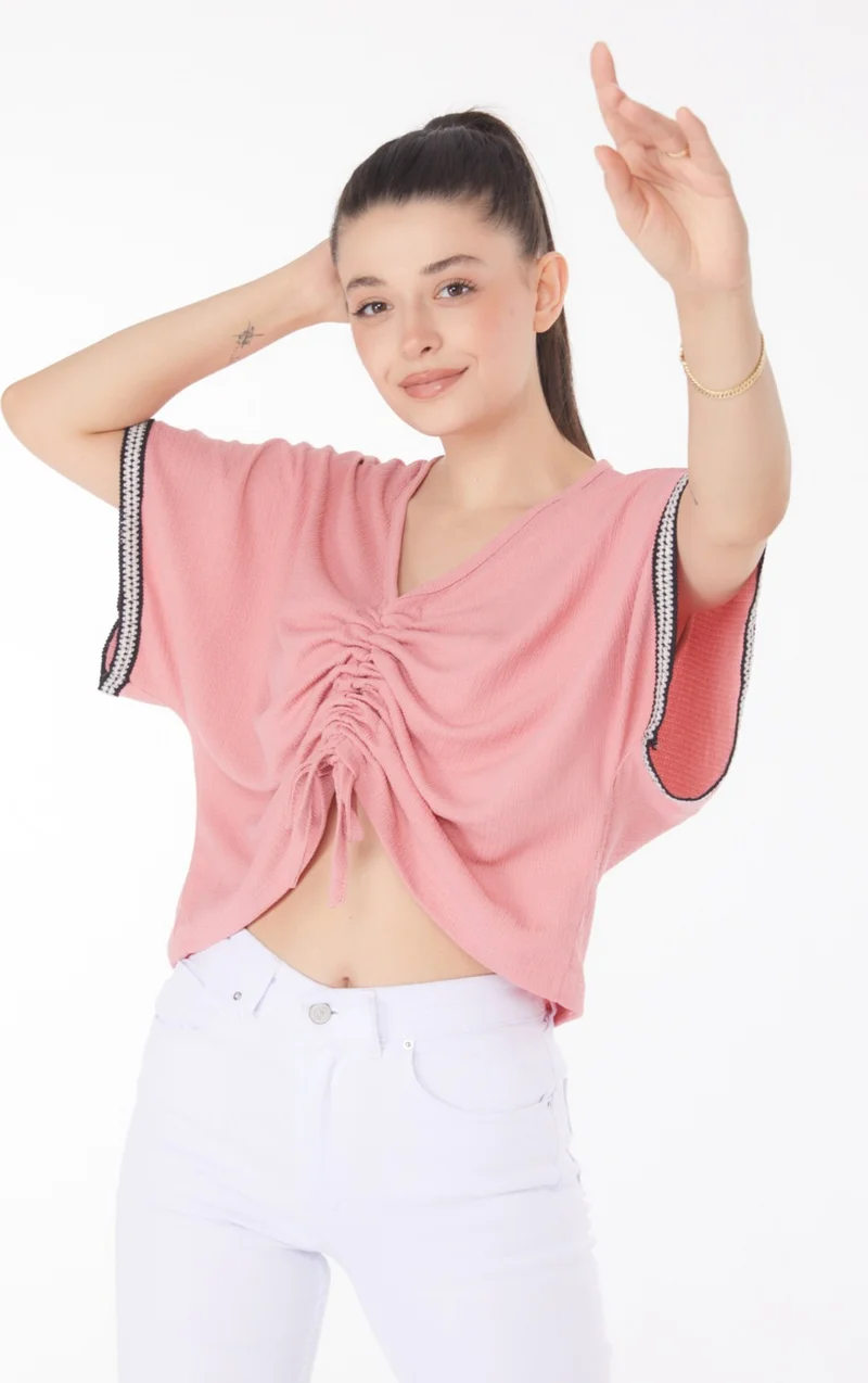 Tofisa Plain Medium Women's Pink V Neck Gathered Detail Blouse - 25837