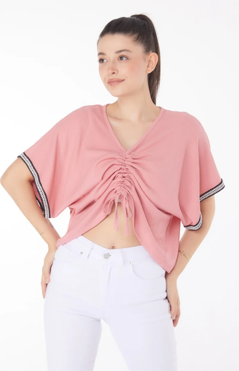 Tofisa Plain Medium Women's Pink V Neck Gathered Detail Blouse - 25837