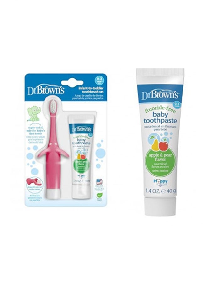 Dr. Brown’s Infant-To-Toddler Training Toothbrush Set, Pink Elephant & Fluoride-Free Baby Toothpaste, Safe To Swallow, Apple Pear, 1-Pack, 1.4Oz/40G, 0-3 Years - Image 1