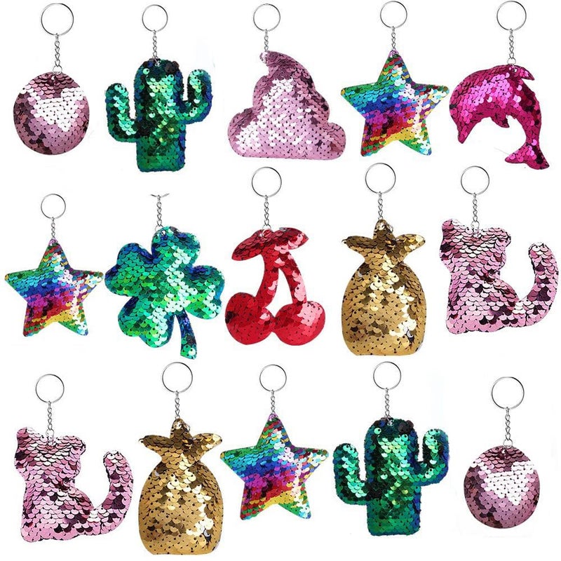 Outee Sequin Keychain 15 Pcs Flip Sequin Keychain for Mermaid Tail Clover Cat Animals Shape Christmas Gift Party Favors for Kids Adults Party Favors Gift Back to School Gifts 15 Different Designs - Image 2