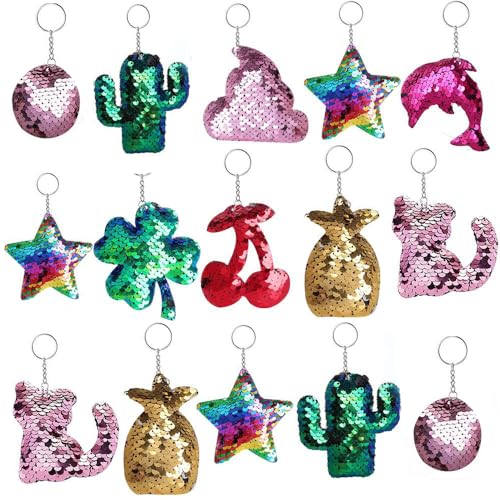 Outee Sequin Keychain 15 Pcs Flip Sequin Keychain for Mermaid Tail Clover Cat Animals Shape Christmas Gift Party Favors for Kids Adults Party Favors Gift Back to School Gifts 15 Different Designs - Image 1