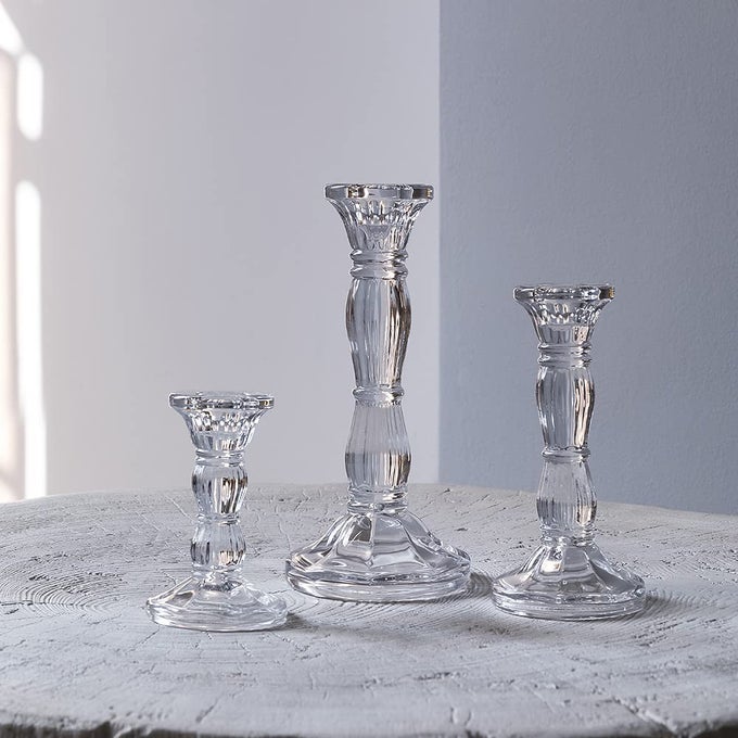 3PACK GLASS CANDLE STICK HOLDERS CLEAR CRYSTAL TAPER CANDLES HOLDER TABLE CENTERPIECES FOR BURING CANDLES LED TAPER CANDLEPARTY AND WEDDING DECORATION468INCHES TALL