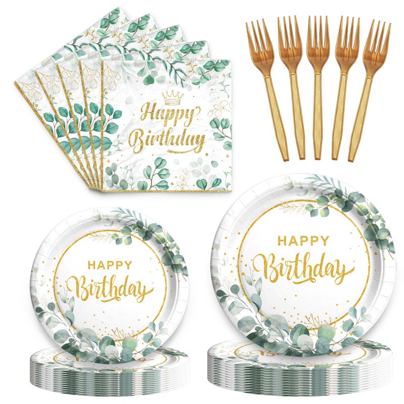 Fiesec Sage Green Birthday Supplies Tableware Set, Sage Green Decorations with Disposable Happy Birthday Paper Plates Napkins for Greenery Leafy Birthday Party - Image 1