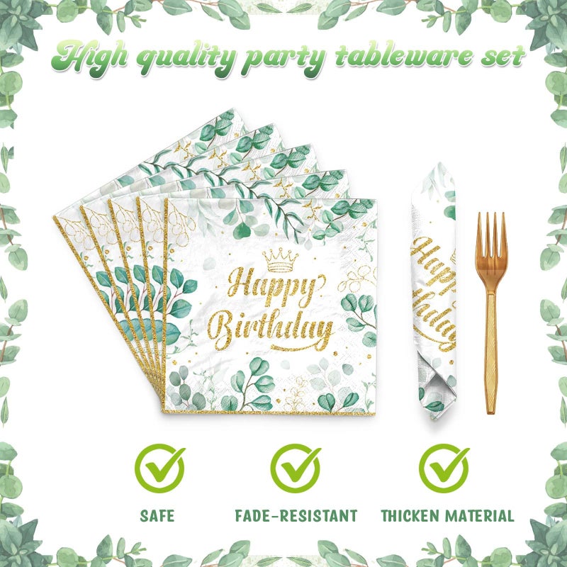 Fiesec Sage Green Birthday Supplies Tableware Set, Sage Green Decorations with Disposable Happy Birthday Paper Plates Napkins for Greenery Leafy Birthday Party - Image 4