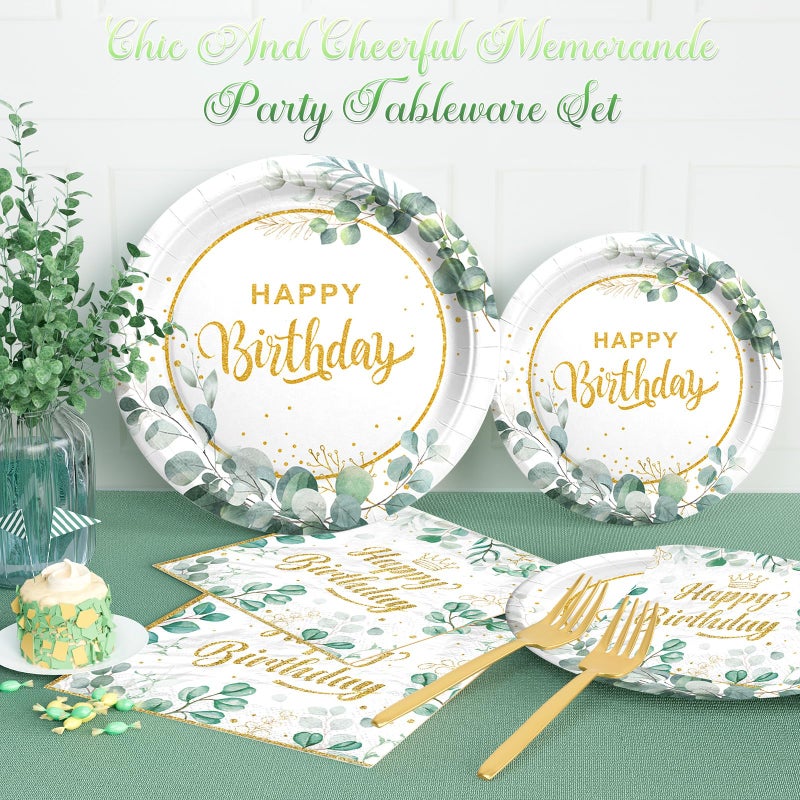 Fiesec Sage Green Birthday Supplies Tableware Set, Sage Green Decorations with Disposable Happy Birthday Paper Plates Napkins for Greenery Leafy Birthday Party - Image 5