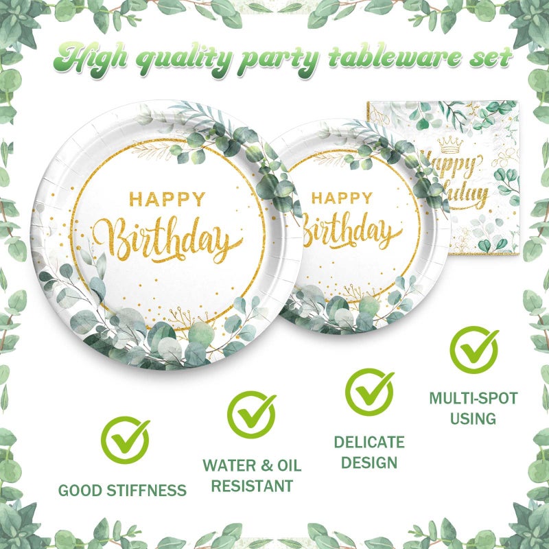 Fiesec Sage Green Birthday Supplies Tableware Set, Sage Green Decorations with Disposable Happy Birthday Paper Plates Napkins for Greenery Leafy Birthday Party - Image 3