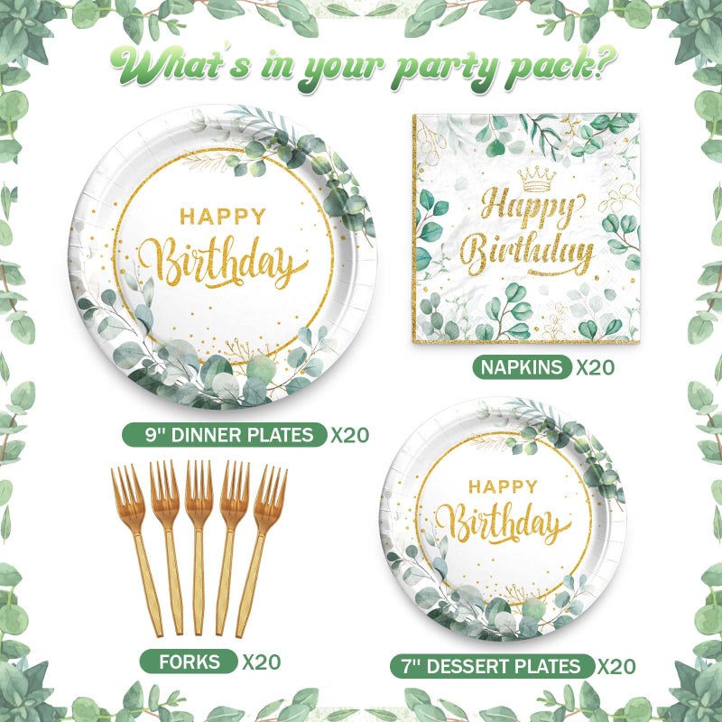 Fiesec Sage Green Birthday Supplies Tableware Set, Sage Green Decorations with Disposable Happy Birthday Paper Plates Napkins for Greenery Leafy Birthday Party - Image 2