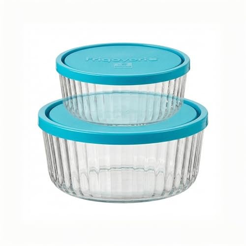 Bormioli Rocco Frigoverre Brilliante 2 Piece Set Ribbed Round Glass Containers with Covers ScratchResistant Nesting Bowls for StoragePrep 1325oz 2775oz Microwave Freezer Dishwasher Safe - Image 1