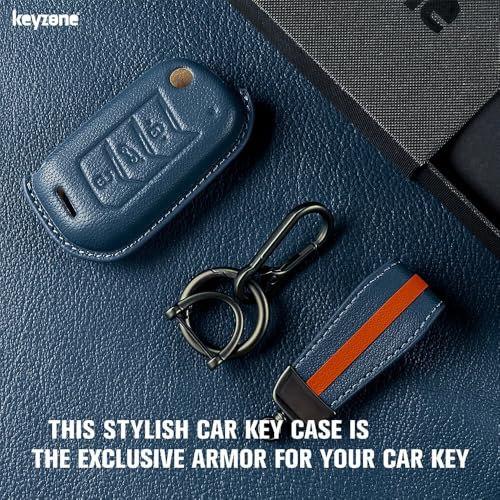 keyzone royal leather key cover for Mahindra Thar Roxx, Thar, Bolero, Scorpio, XUV700, XUV400, XUV3x0, XUV300, TUV300, Marazzo (Celestial Blue) - Image 2