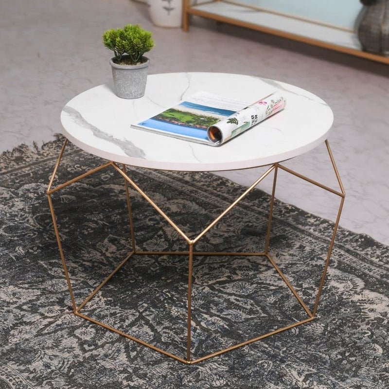 Priti Engineered Wooden Modern Multicolour Morgan Coffee Side Table End Table for Living Room, Wood Finish,Golden - Laminated Marble Table top - Image 1