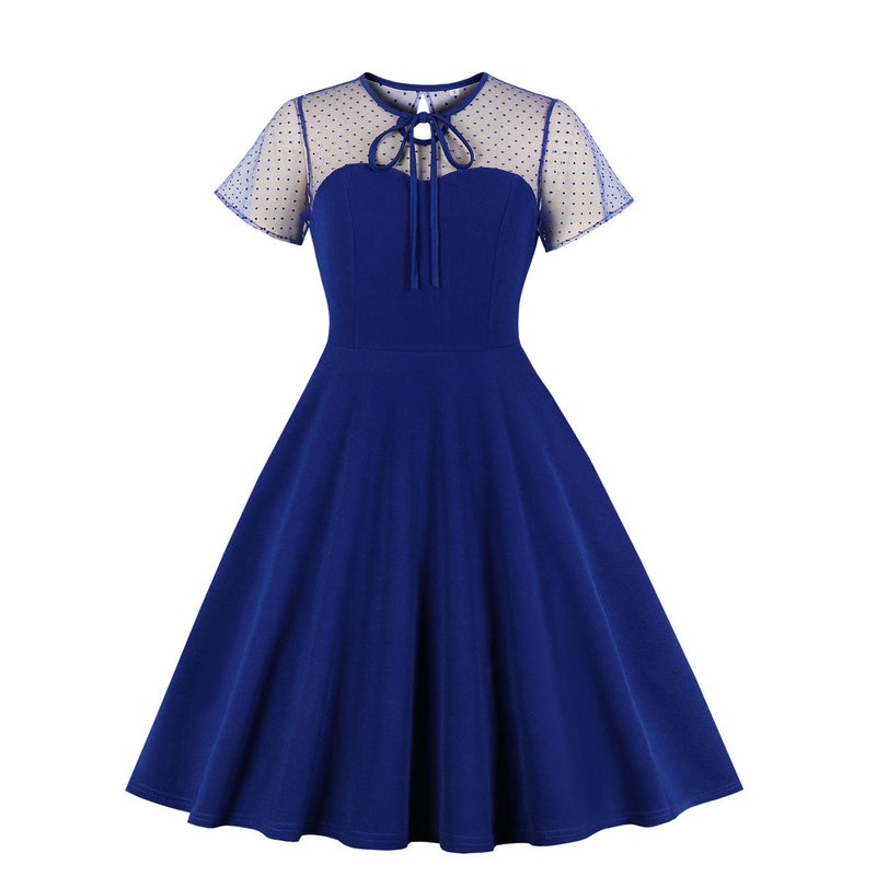 Womens Polka Dot Mesh Splice Puffy Skirt Dress Vintage Style Midi Dress Short Sleeve round Neck mid Waist Elegant Dress Sapphire Blue