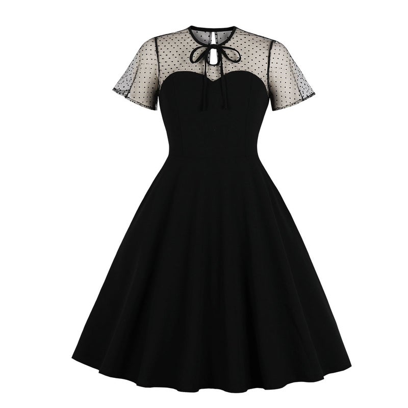 Womens Polka Dot Mesh Splice Puffy Skirt Dress Vintage Style Midi Dress Short Sleeve round Neck mid Waist Elegant Dress Sapphire Blue